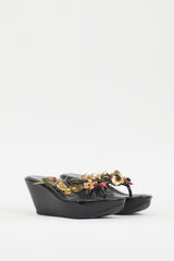 Prada Black & Multicolour Patent Appliqué Wedge Sandal