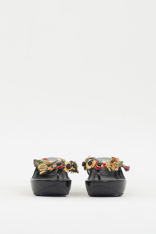Prada Black & Multicolour Patent Appliqué Wedge Sandal