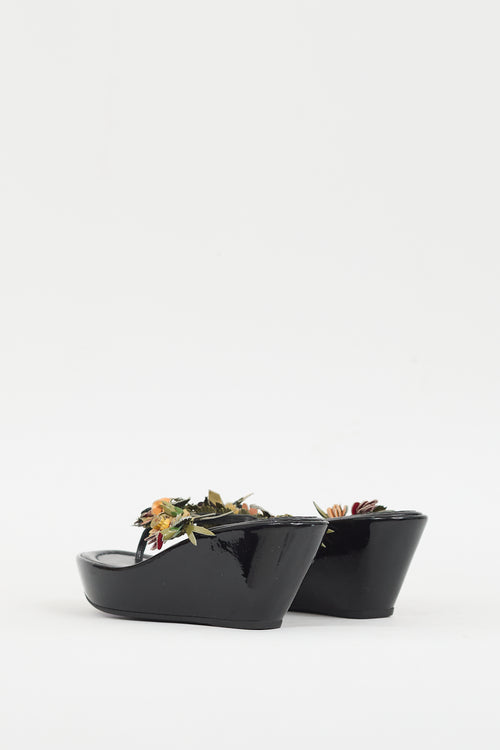 Prada Black & Multicolour Patent Appliqué Wedge Sandal