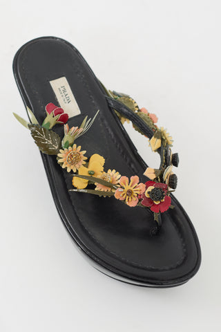Prada Black & Multicolour Patent Appliqué Wedge Sandal