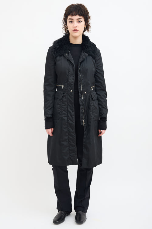 Prada Black Nylon & Fur Collar A-Line Coat