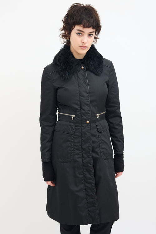 Prada Black Nylon & Fur Collar A-Line Coat