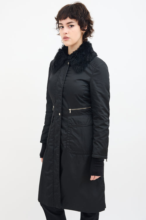 Prada Black Nylon & Fur Collar A-Line Coat