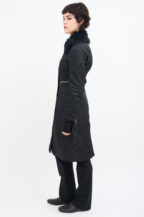 Prada Black Nylon & Fur Collar A-Line Coat