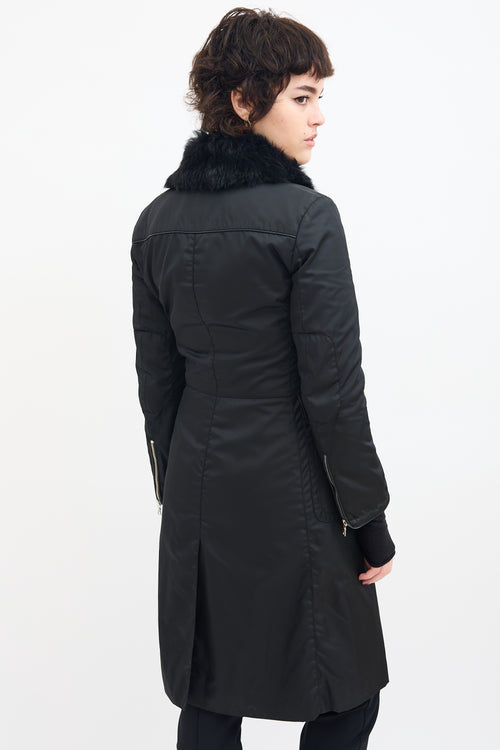 Prada Black Nylon & Fur Collar A-Line Coat