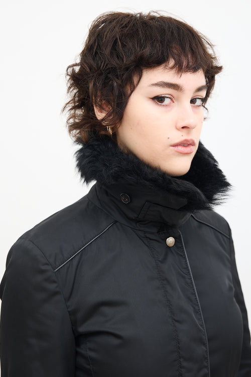 Prada Black Nylon & Fur Collar A-Line Coat