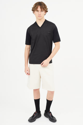 Prada Black Nylon & Cotton V-Neck T-Shirt