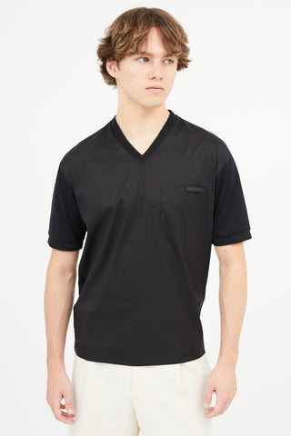 Prada Black Nylon & Cotton V-Neck T-Shirt
