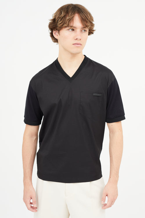 Prada Black Nylon & Cotton V-Neck T-Shirt