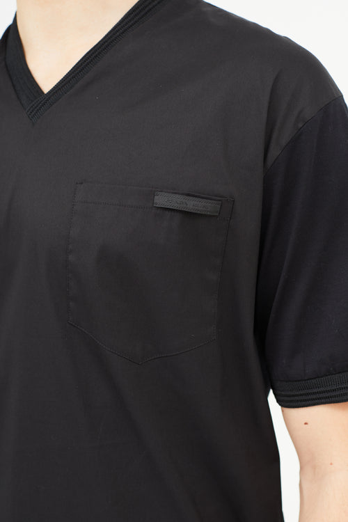 Prada Black Nylon & Cotton V-Neck T-Shirt
