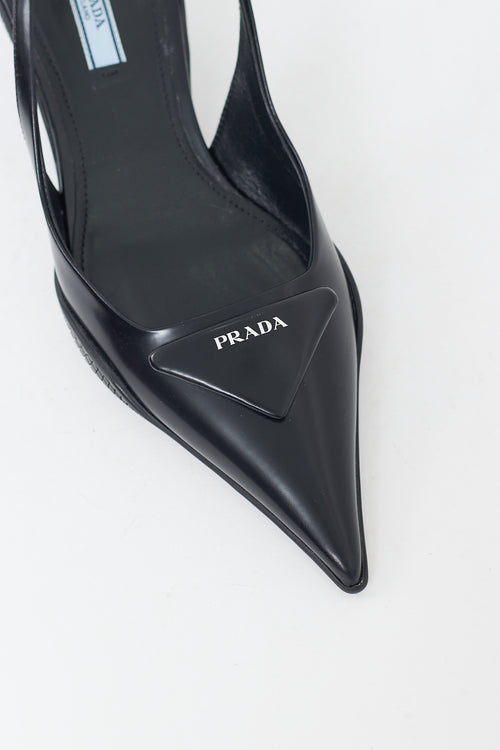 Prada Black Patent Triangle Logo Slingback Heel