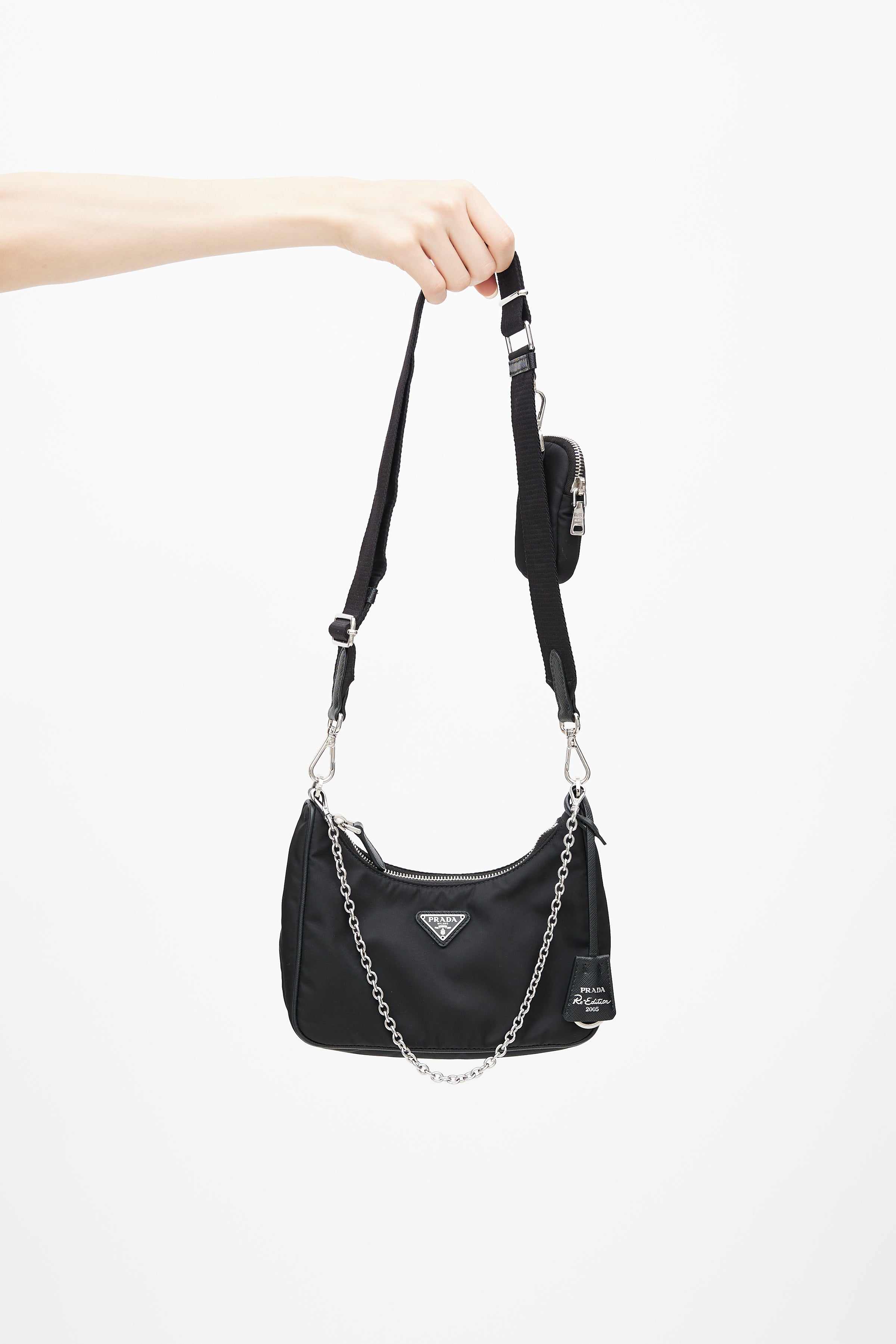 Prada Nylon Chain Link Shoulder Bag Black in Nylon with Silver-tone - US