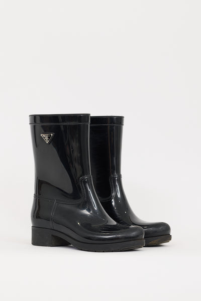 Prada // Black Rubber Triangle Logo Rain Boot – VSP Consignment