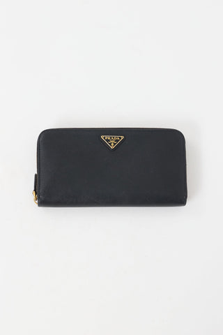 Prada Black Saffiano Leather Logo Continental Zip Wallet