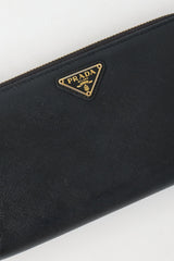 Prada Black Saffiano Leather Logo Continental Zip Wallet