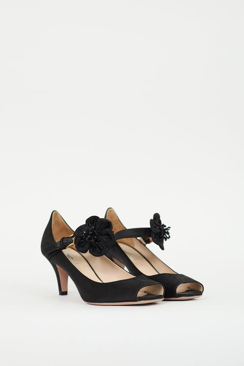 Prada Black Satin Peep Toe Mary Jane Pump