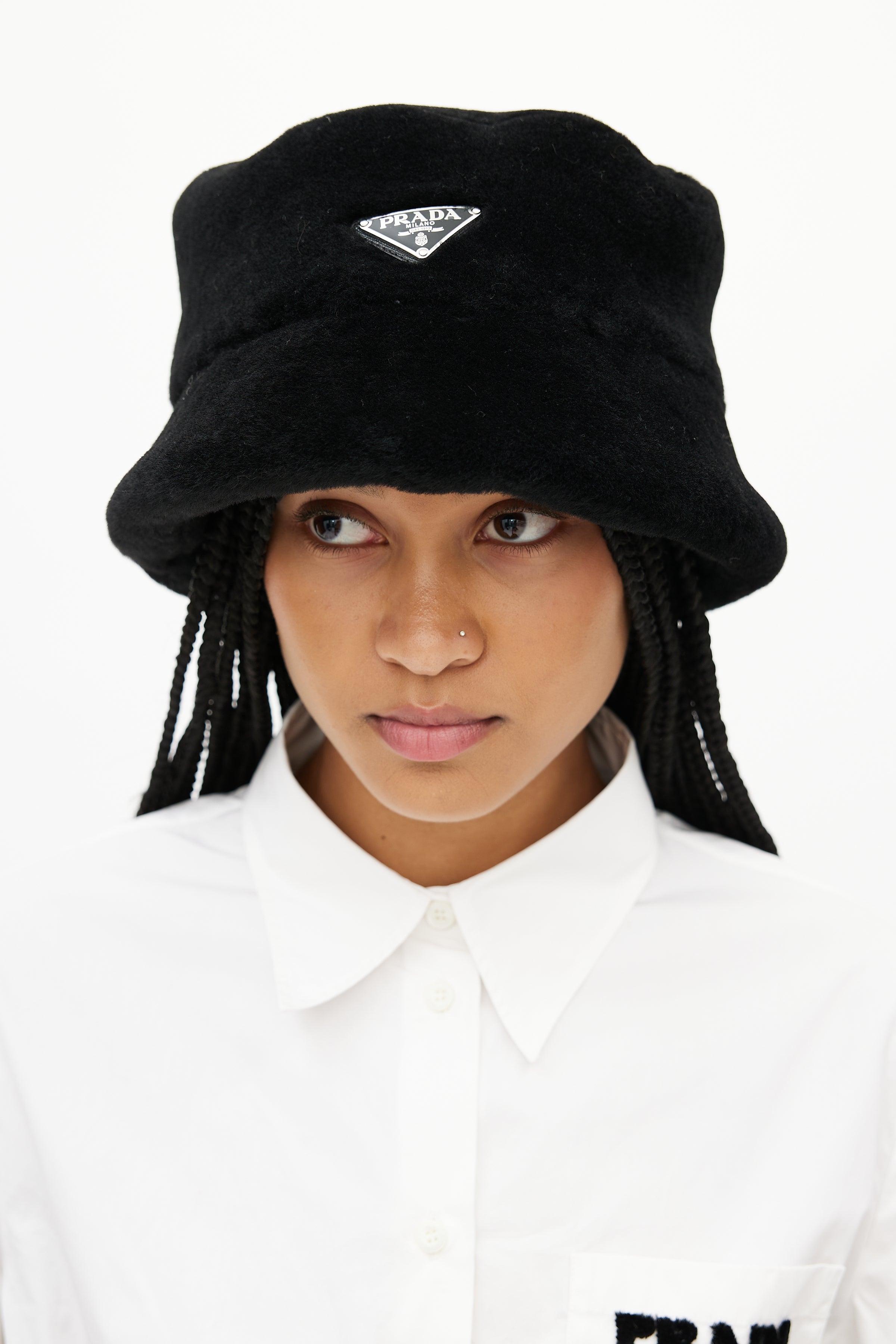 Prada // Black Shearling Logo Bucket Hat – VSP Consignment