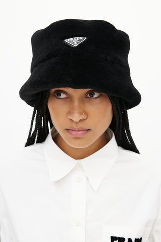 Prada Black Shearling Logo Bucket Hat
