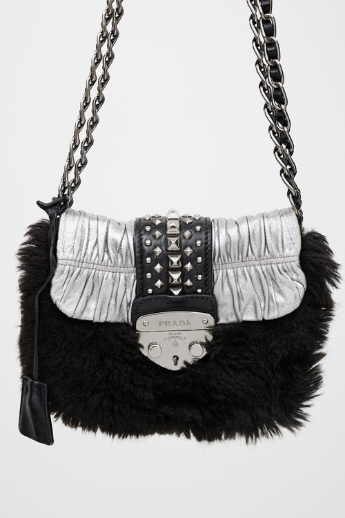 Prada Black & Silver Faux Fur Stud Bag