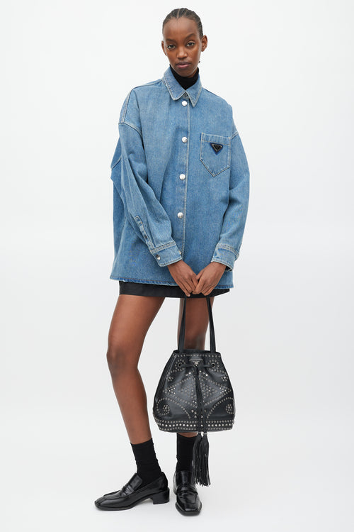 Prada Black & Silver Leather Studded Bucket Bag