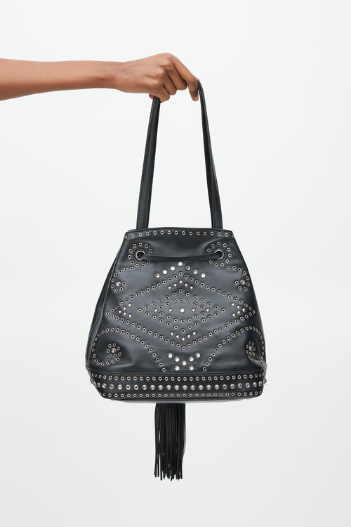 Prada Black & Silver Leather Studded Bucket Bag