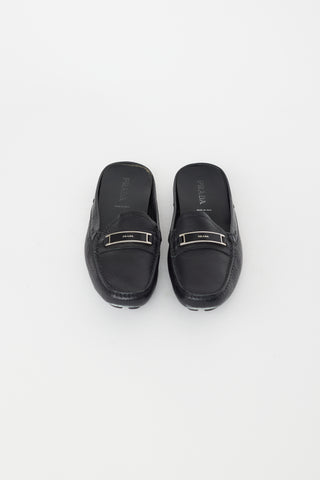 Prada Black Leather Logo Mule Loafer