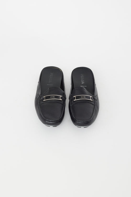 Prada Black Leather Logo Mule Loafer