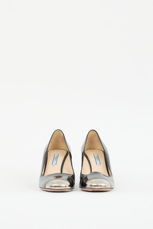 Prada Black & Silver Patent Leather Pump