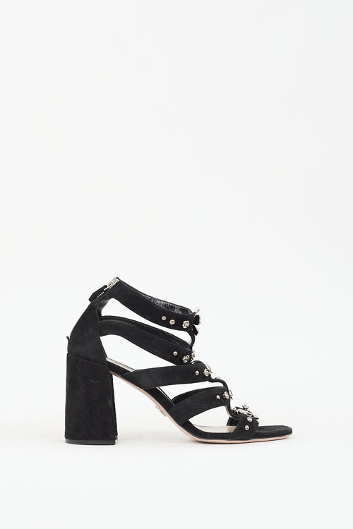 Prada Black & Silver Suede Floral Embellished Heels