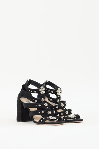 Prada Black & Silver Suede Floral Embellished Heels