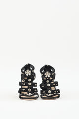 Prada Black & Silver Suede Floral Embellished Heels