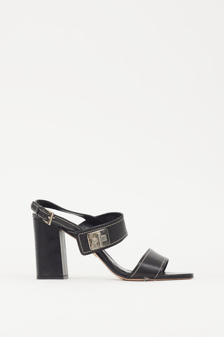 Prada Black & Silver Turn Lock Leather Heel