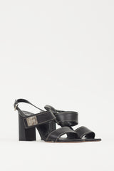 Prada Black & Silver Turn Lock Leather Heel