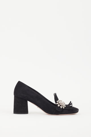 Prada Black Suede & Silver Flower Brooch Pump