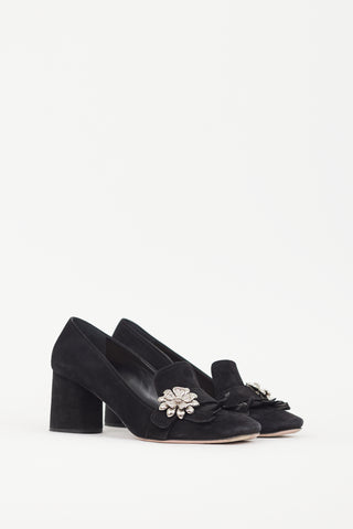 Prada Black Suede & Silver Flower Brooch Pump