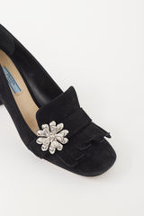 Prada Black Suede & Silver Flower Brooch Pump