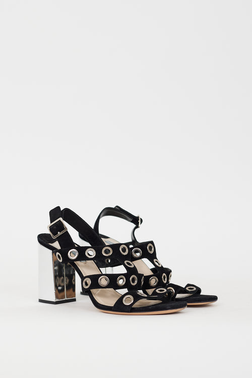 Prada Black Suede & Silver Grommet Caged Heel