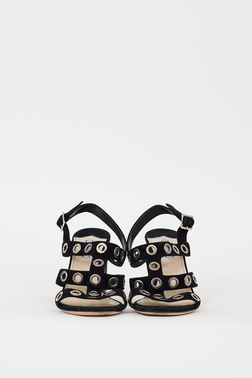 Prada Black Suede & Silver Grommet Caged Heel