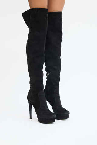 Prada Black Suede Thigh High Platform Heeled Boot