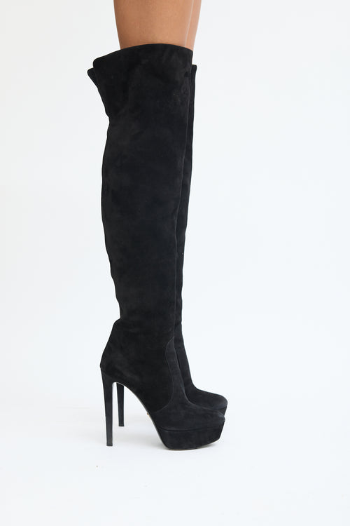 Prada Black Suede Thigh High Platform Heeled Boot