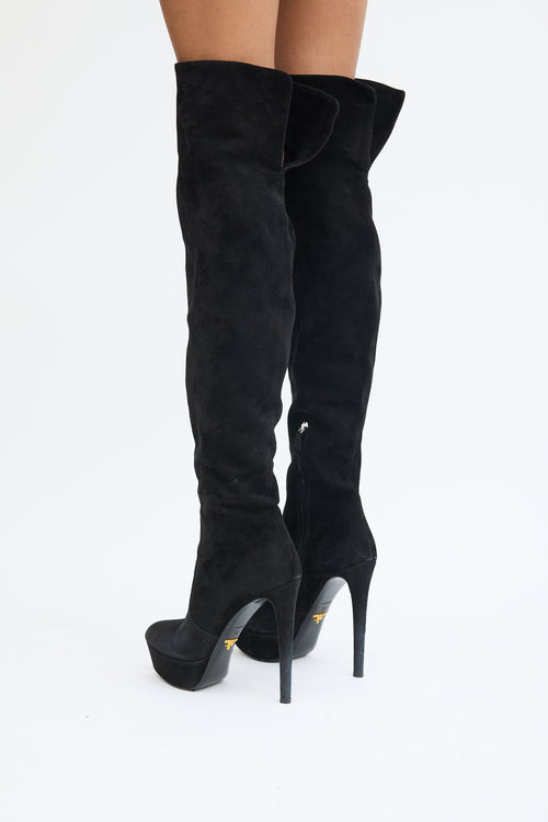 Prada Black Suede Thigh High Platform Heeled Boot