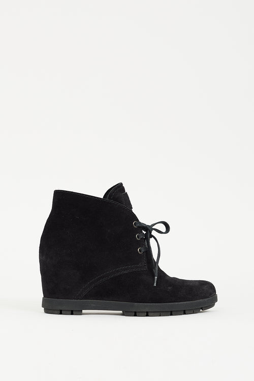 Prada Black Suede Lace Up Wedge Boot