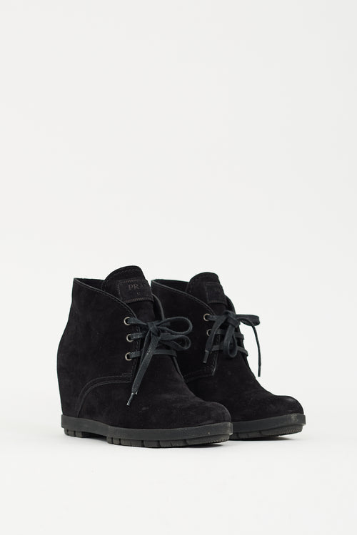 Prada Black Suede Lace Up Wedge Boot