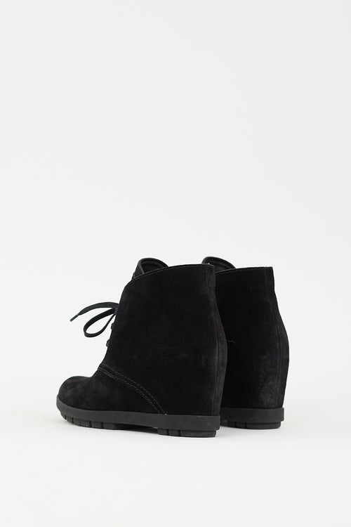 Prada Black Suede Lace Up Wedge Boot