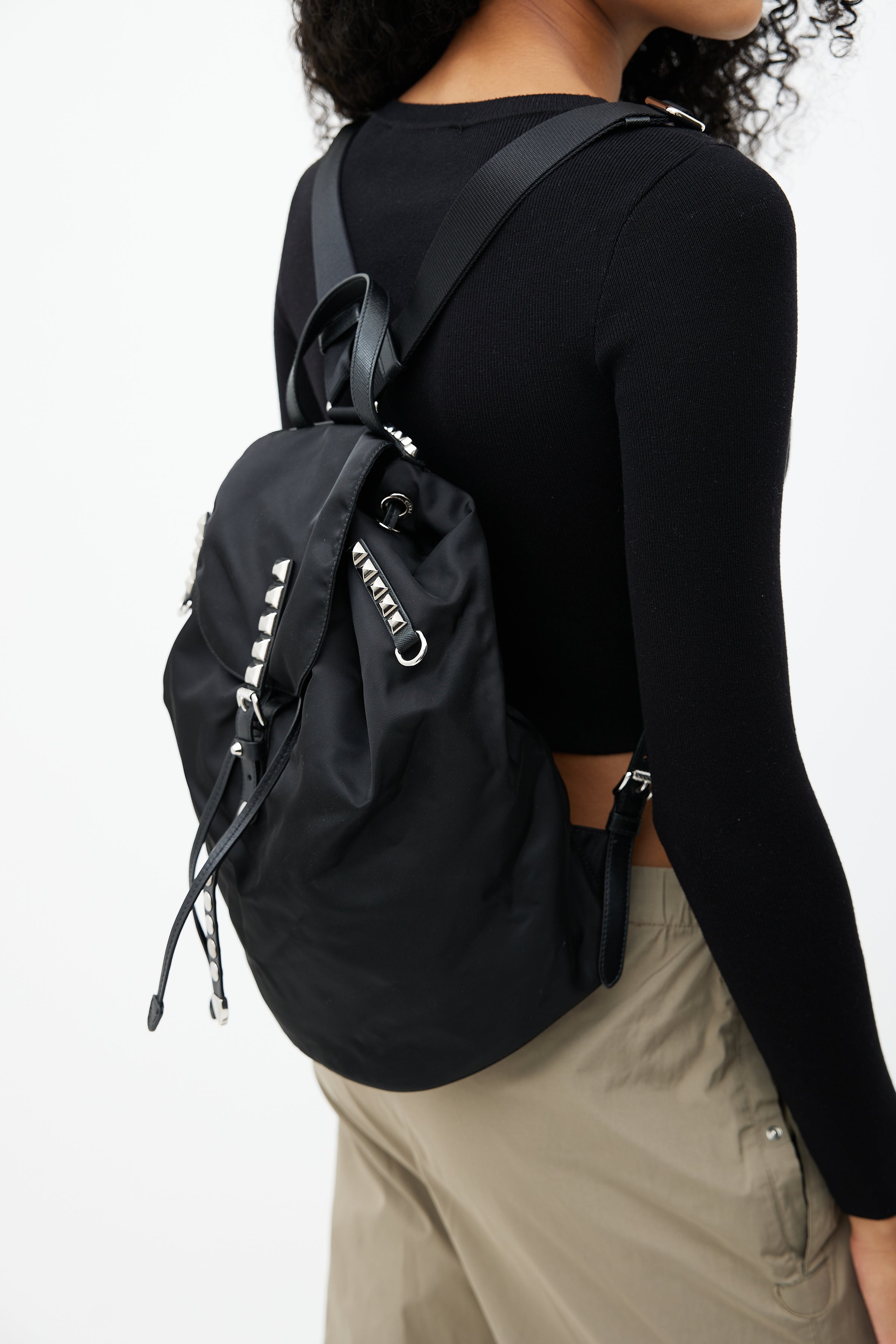 bp studded faux leather backpack Prada // Black Tessuto Vela Studded Backpack – VSP Consignment