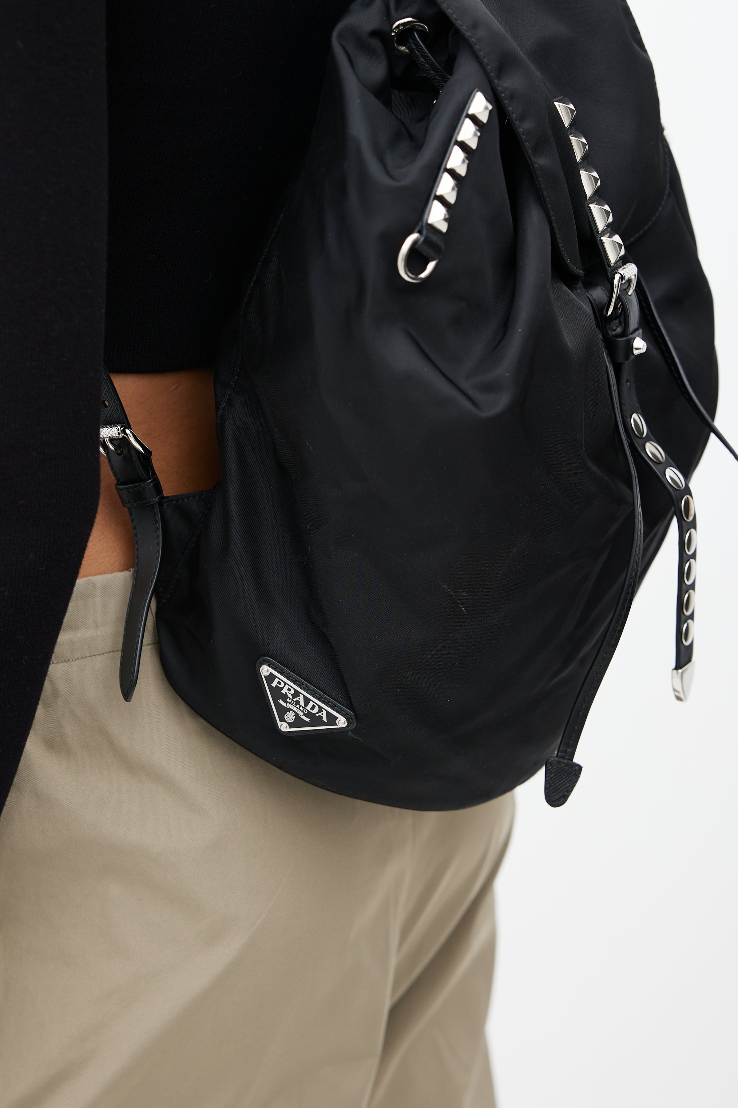 Prada New Vela Nylon Belt Bag W/ Studs in Black