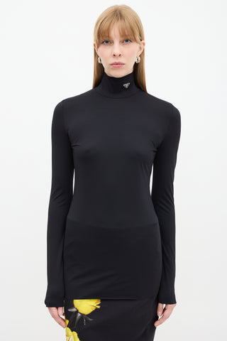 Prada Black Triangle Logo Mock Neck Top