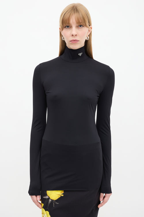 Prada Black Triangle Logo Mock Neck Top