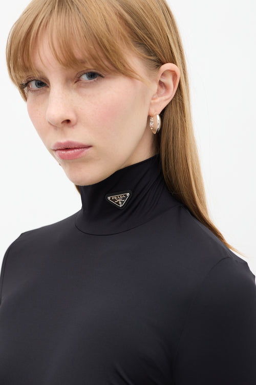 Prada Black Triangle Logo Mock Neck Top