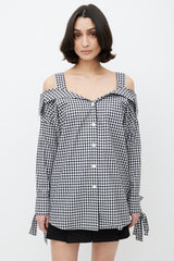 Prada Black & White Gingham Off The Shoulder Shirt